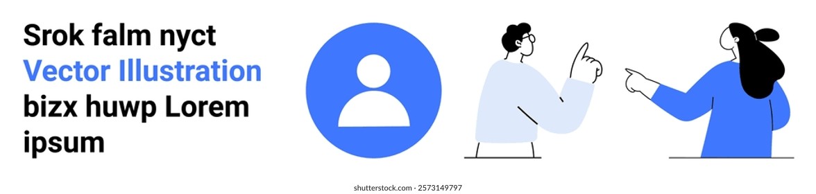 Scene with two abstract figures engaged in discussion and a profile icon. Ideal for business meetings, teamwork, collaboration, online profiles, and communication themes. Banner for landing page