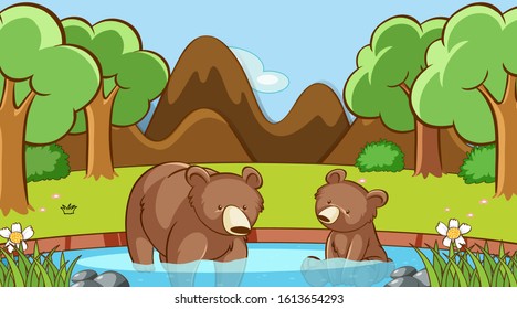 Scene with two bears in the forest illustration