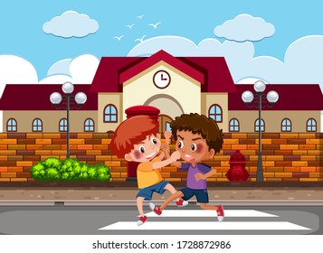 Scene with two boys fighting on the street illustration