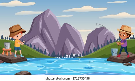 Scene with two boys fishing at the lake illustration