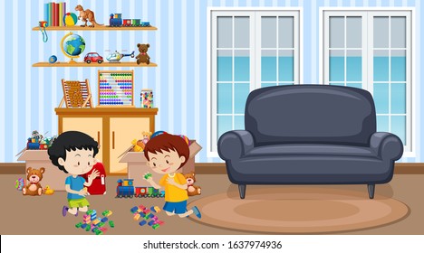 Scene with two boys playing in living room illustration