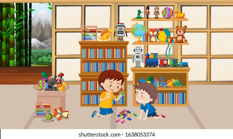 Escena con dos niños jugando en la ilustración de la habitación