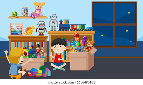 Escena con dos niños jugando en la ilustración de la habitación