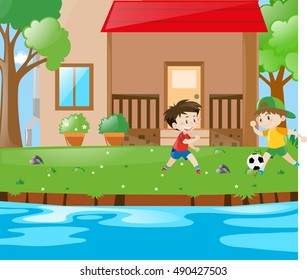 Scene With Two Boys Playing Soccer Illustration
