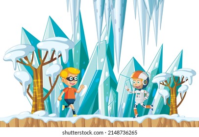Escena con dos niños en ilustración de tierras de invierno