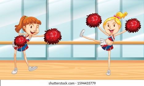 Scene with two cheerleaders in the room illustration