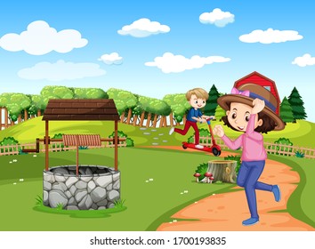 Szene mit zwei Kindern laufen und spielen Scooter in der Feldgrafik