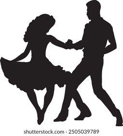 scene of two couples dancing, captured in stunning silhouettes. The woman with curly hair twirls passionately, her skirt billowing out gracefully, 