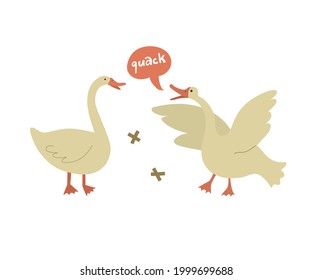 Scene with two geese. The goose flaps its wings and says a quack. Isolated on white background. Vector illustration. Flat style. Farming, home pets, agriculture. Speech bubble. 