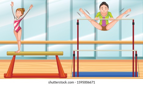 Scene with two girls doing gymnastic in the room illustration