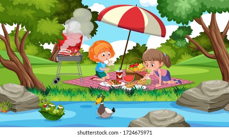 Scene with two girls eating in the park illustration