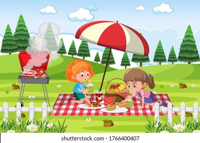 Scene with two girls eating in the park illustration