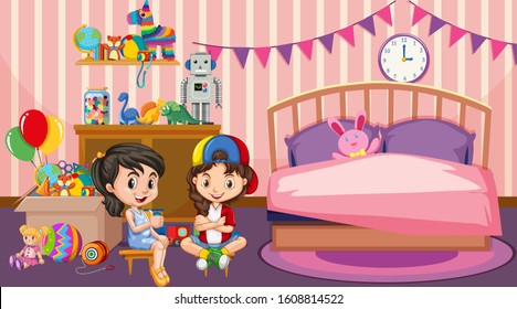 Scene With Two Girls Playing In Bedroom Illustration