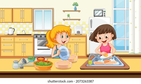 Scene with two girls washing dish in the kitchen illustration