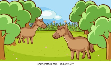 Scene with two horses in the forest illustration