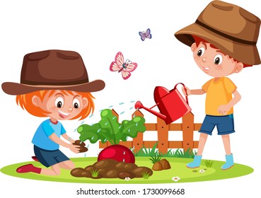 Scene Two Kids Planting Vegetable Garden Stock Vector (royalty Free 