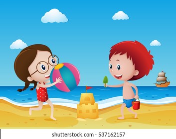 Scene with two kids play with sand illustration