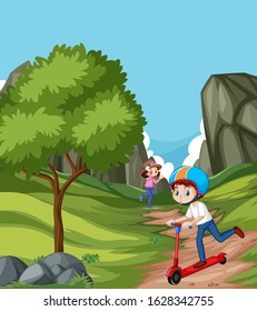 Scene with two kids playing in the park illustration