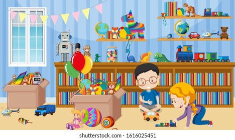 Scene with two kids playing toys in the room illustration
