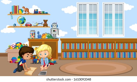 Scene with two kids reading book in the classroom illustration