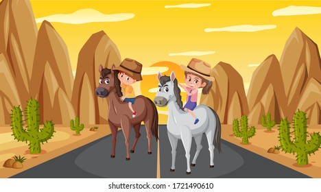 Scene with two kids riding horses on the road illustration