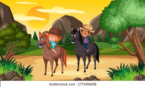 Escena con dos niños montando caballos en la ilustración del bosque