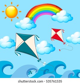 Escena con dos cometas e ilustración de arco iris