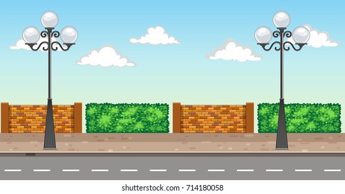 Scene with two lampposts on pavement illustration