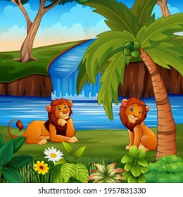 Scene with two lions sitting by the river
