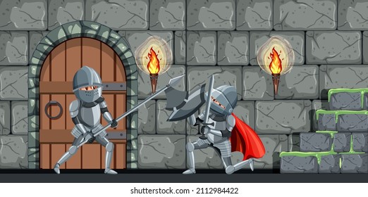 Scene with two medieval knights fighting  illustration