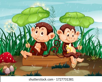 Scene with two monkeys in the rain illustration