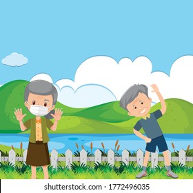 Scene With Two Old People Exercising In The Park Illustration