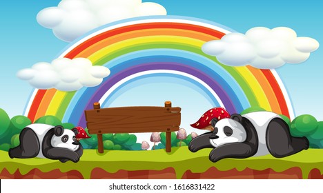 Scene with two pandas and wooden sign illustration