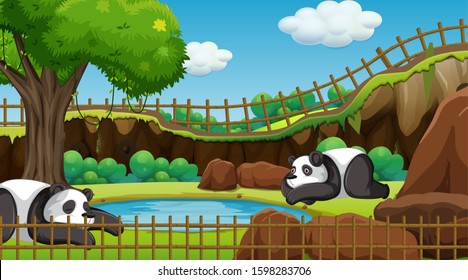 Scene with two pandas in the zoo illustration