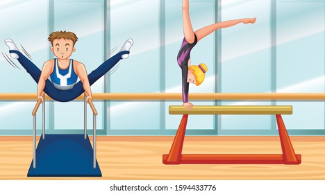 Scene with two people doing gymnastic in the room illustration