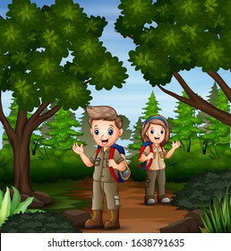 Scene with two scout hiking in the forest