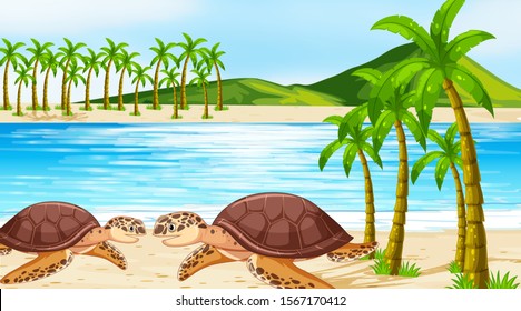 Scene with two sea turtles on the beach illustration