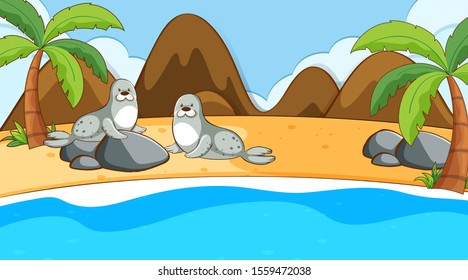 Scene with two seals on the beach illustration