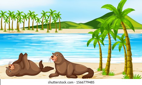 Scene with two seals on the beach illustration