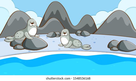 Scene with two seals on ice illustration