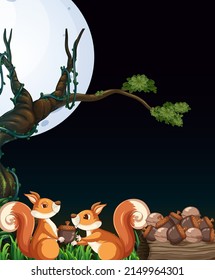 Scene with two squirrels collecting nuts at night illustration