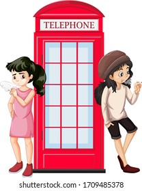 Scene with two teenagers smoking by the telephone booth illustration