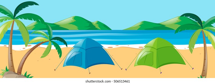 Escena con dos carpas en la ilustración de la playa
