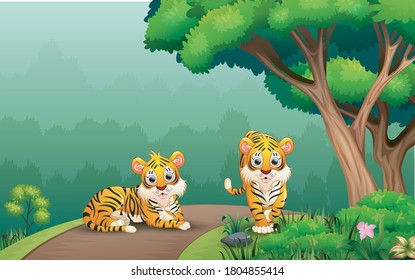Scene with two tigers on the road