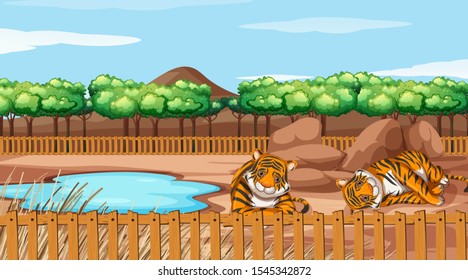 Scene with two tigers at the zoo illustration