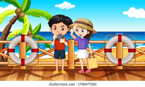 Scene with two tourists by the beach at day time illustration