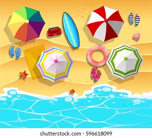 Mit Regenschirmen und Surfbrett auf der Strandgrafik