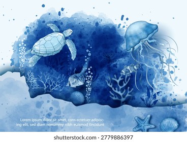The scene of under ocean coral reef area with a sea turtle, jelly fish and more in blue monotone watercolor style and vector design.