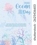 Scene of under the sea and ocean in multicolor watercolors style and vector design with sea animal and example texts on light blue background.