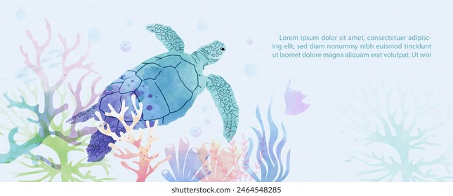 Scene of under the sea and ocean in multicolor watercolors style and vector design with sea animal and example texts on light blue background. 